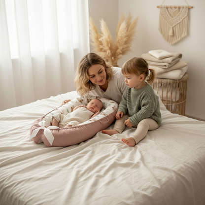 Cocon bébé COCOSUR™ – maman et grande sœur veillant sur un bébé endormi en toute sécurité et sérénité