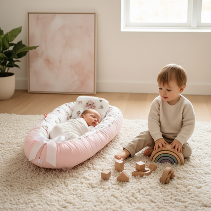 Couffin bébé COCOBLOOM™ design fleuri unique – bébé endormi en sécurité, grand frère jouant avec des jouets en bois à côté