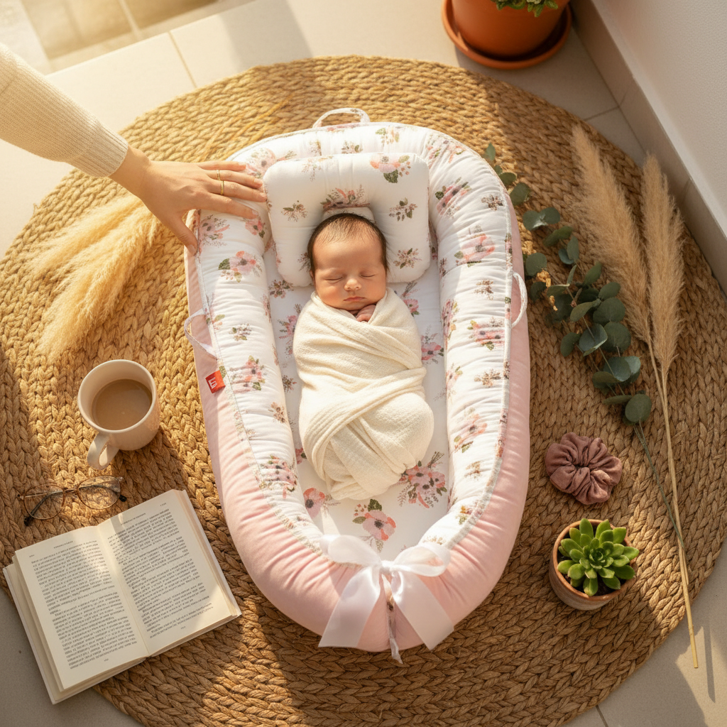 Couffin bébé COCOBLOOM™ design fleuri unique — vue de haut, bébé endormi paisiblement dans son cocon de douceur sur terras