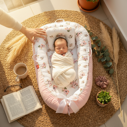 Couffin bébé COCOBLOOM™ design fleuri unique — vue de haut, bébé endormi paisiblement dans son cocon de douceur sur terras