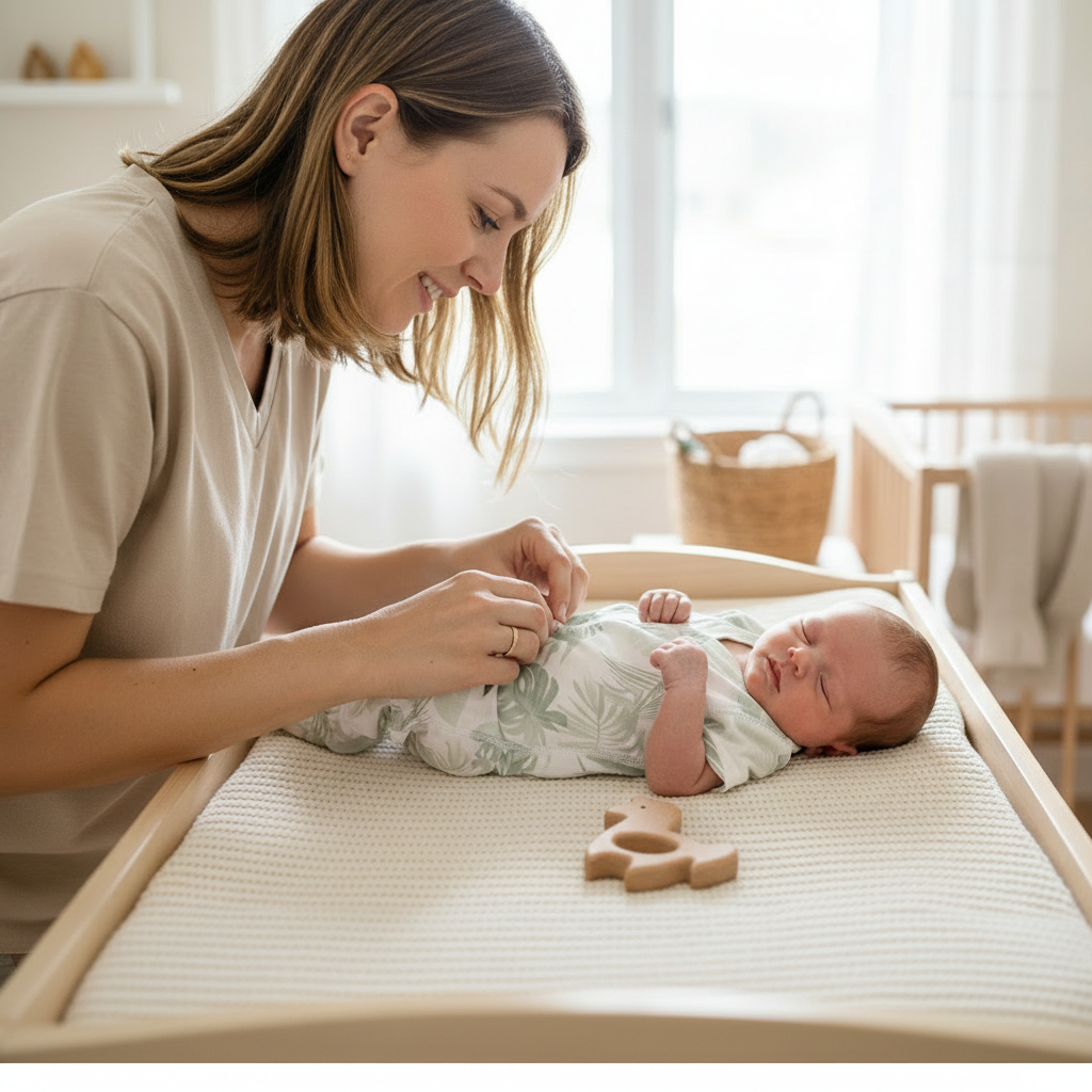 Dors-Bien BAMBOUÏ™ – Bébé sur table à langer, grenouillère gaze de bambou douce sur peau sensible
