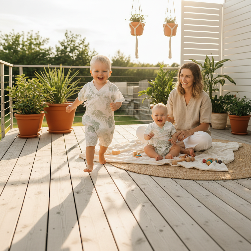 Dors-Bien BAMBOUÏ™ – Bébé en grenouillère bambou sur terrasse en été, fraîcheur et respirabilité