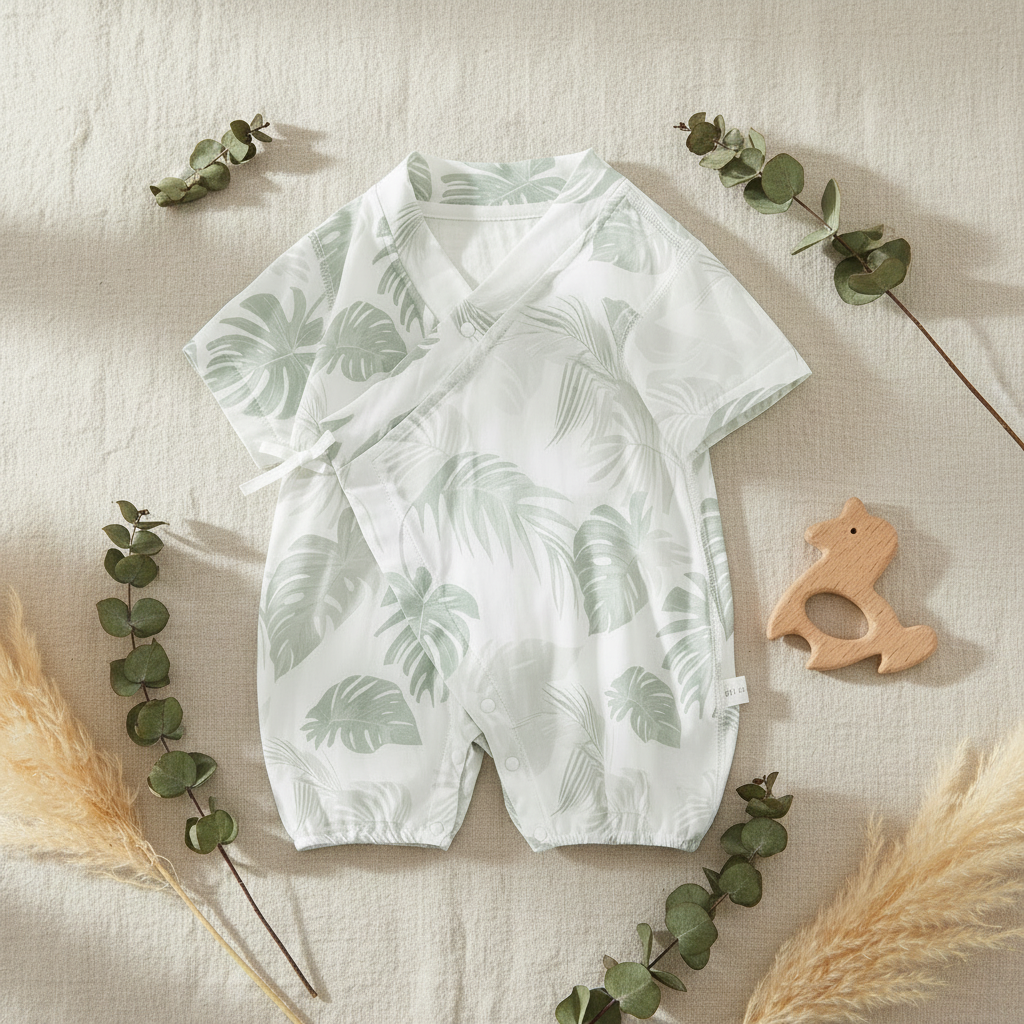 Dors-Bien BAMBOUÏ™ – Flat lay style boho avec jouets en bois naturel, grenouillère bambou bébé