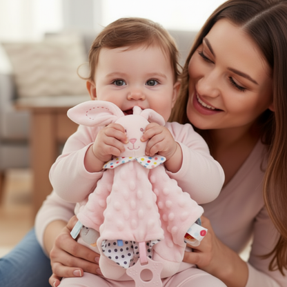 Doudou lapin rose Rosy™ mordillé par bébé - moment de complicité avec maman