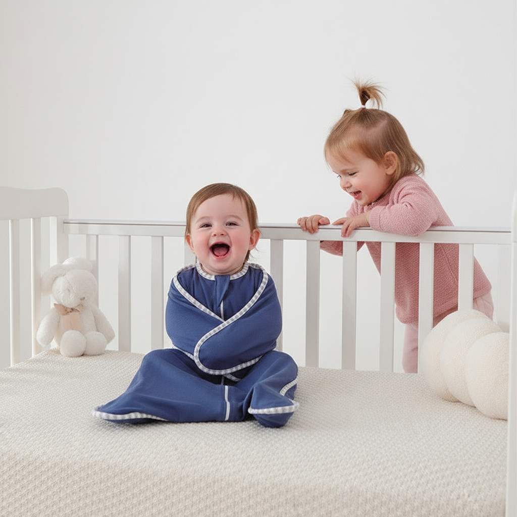Gigoteuse bleue bébé assis dans un berceau moderne