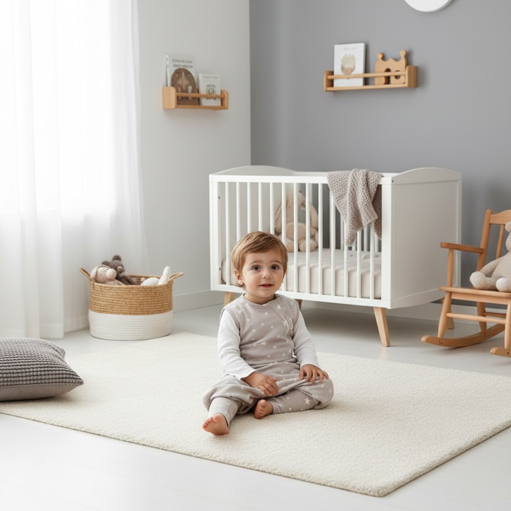 Gigoteuse avec jambes portée par un bébé assis dans une chambre d'enfant lumineuse.
