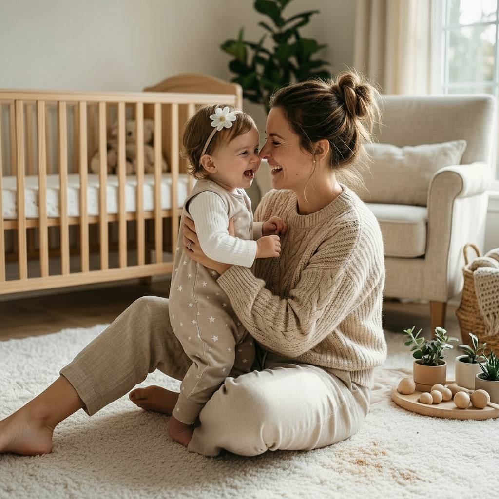 Gigoteuse avec jambes portée par un bébé en interaction avec sa mère sur un tapis.