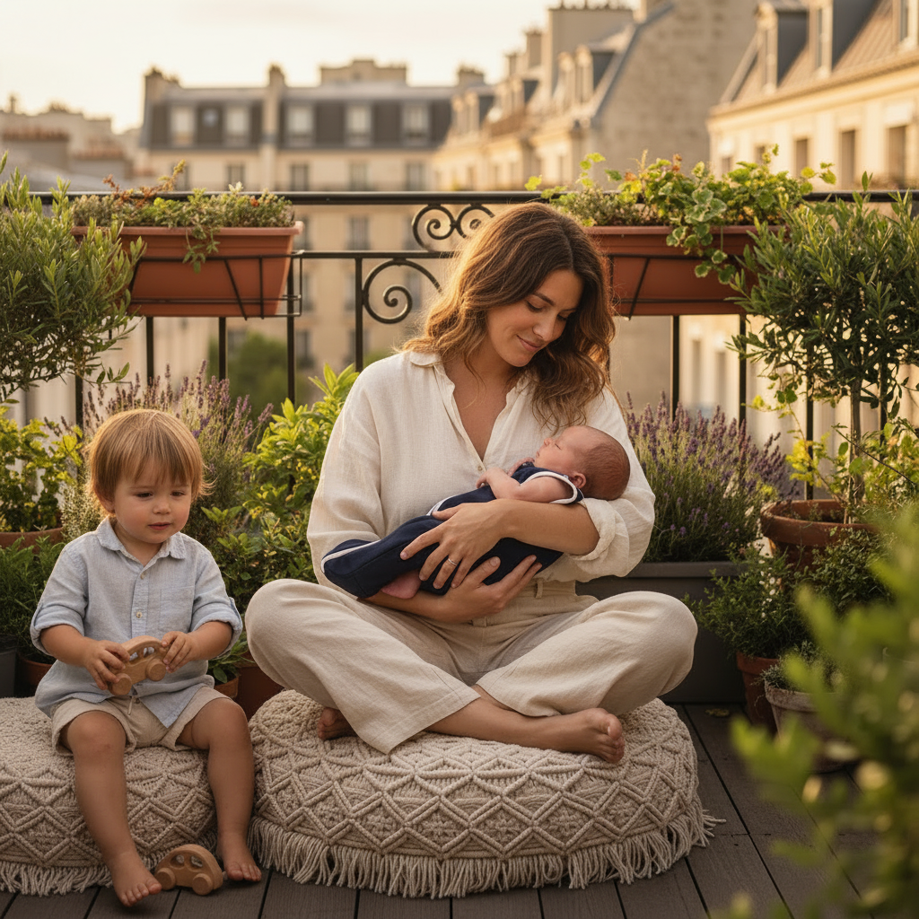 Gigoteuse bébé noire, jeune famille avec bébé sur une terrasse chic.