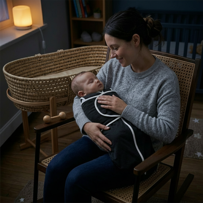 Gigoteuse bébé noire, maman berçant son bébé dans un fauteuil.