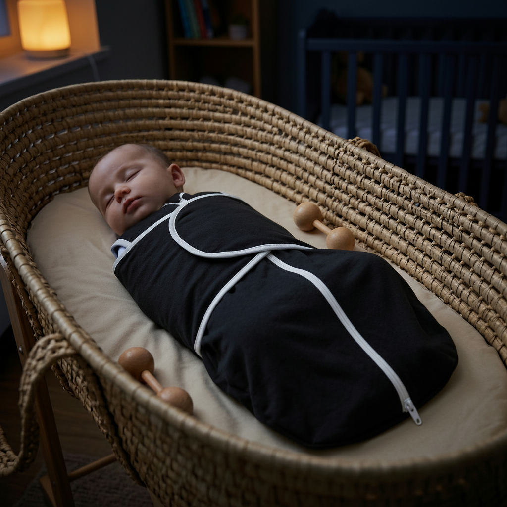 Gigoteuse bébé noire, bébé endormi dans un berceau en rotin style bohème.