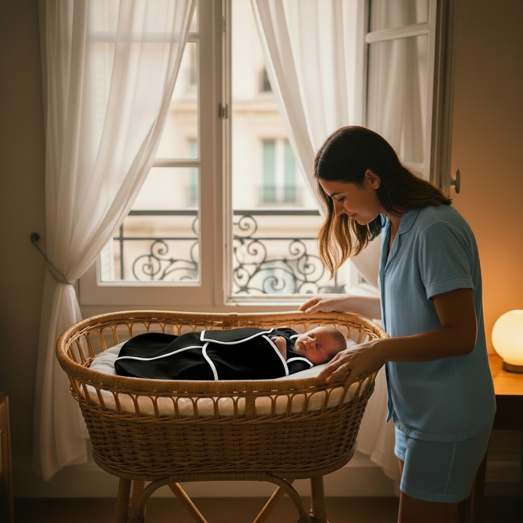 Gigoteuse bébé noire, maman s'occupant de son bébé dans le berceau.