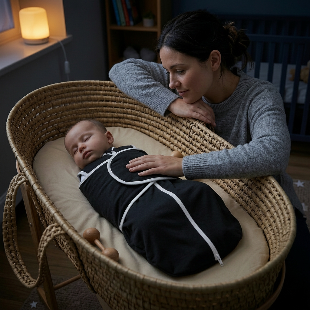 Gigoteuse bébé noire, gros plan sur un bébé endormi paisiblement.