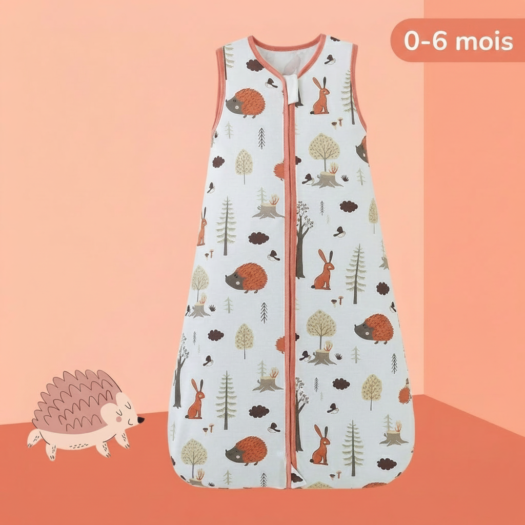Gigoteuse bébé taille 0-6 mois avec motif forêt et hérisson.