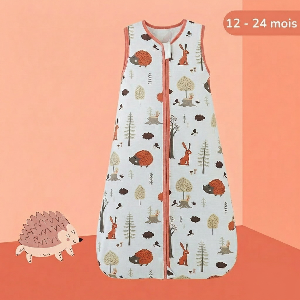 Gigoteuse bébé taille 12-24 mois avec motif forêt et hérisson.