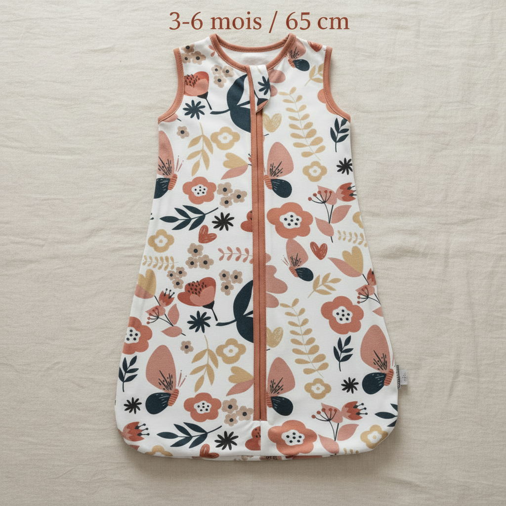 Gigoteuse bébé en taille 3-6 mois / 65 cm posée à plat.