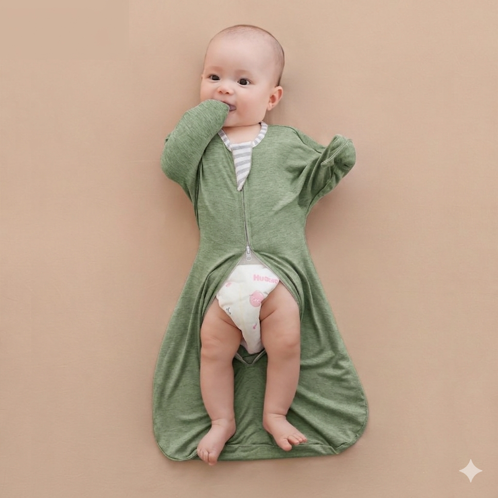 Gigoteuse Bébé vert sauge - Bébé en gigoteuse allongé sur le dos, vu de dessus, jambes découvertes.