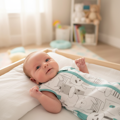 Gigoteuse bébé avec motif d'animaux portée par un bébé allongé sur un oreiller.