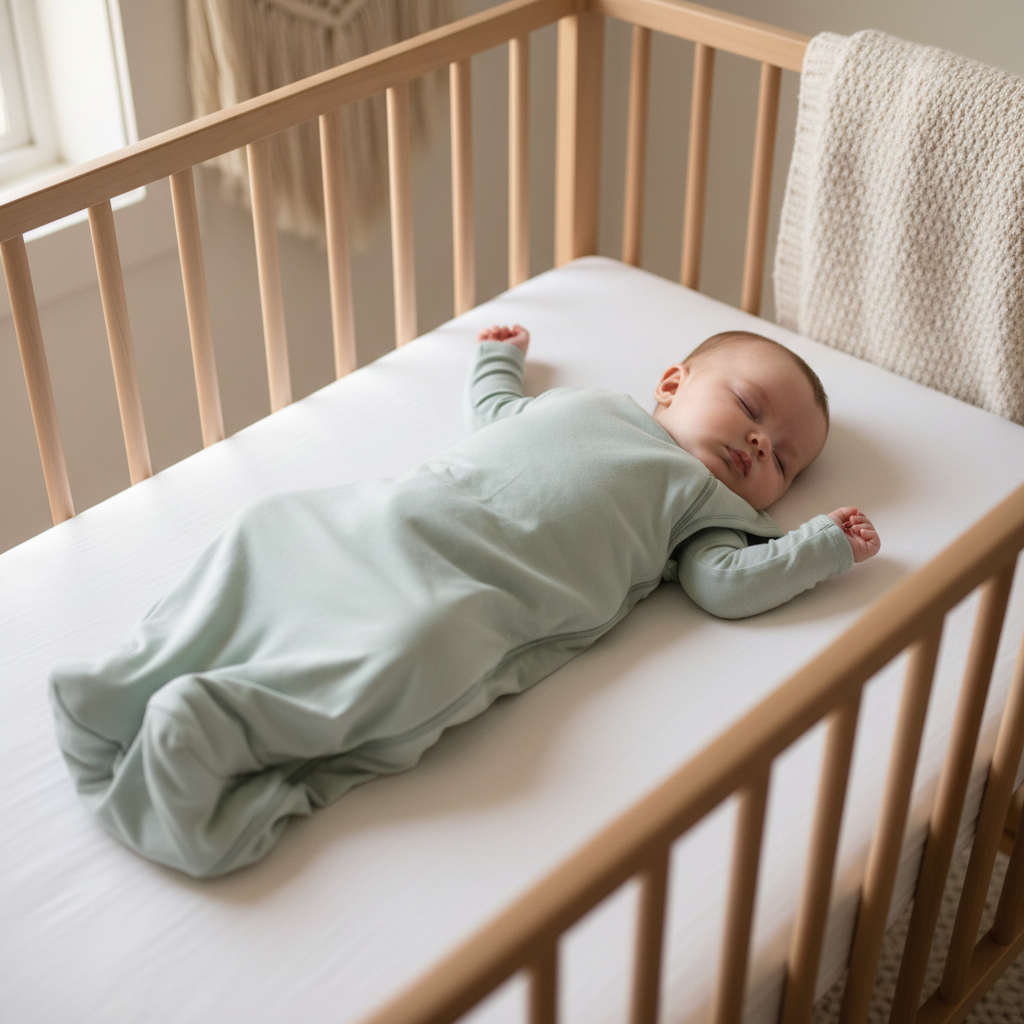 Gigoteuse bébé légère, un bébé est couché dans son lit avec un doudou à proximité.