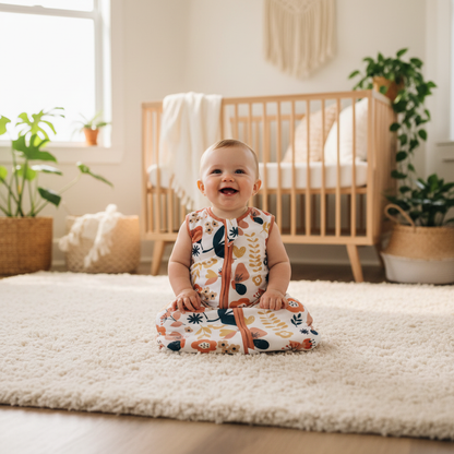 Gigoteuse bébé portée par un bébé assis seul sur un tapis dans une chambre.