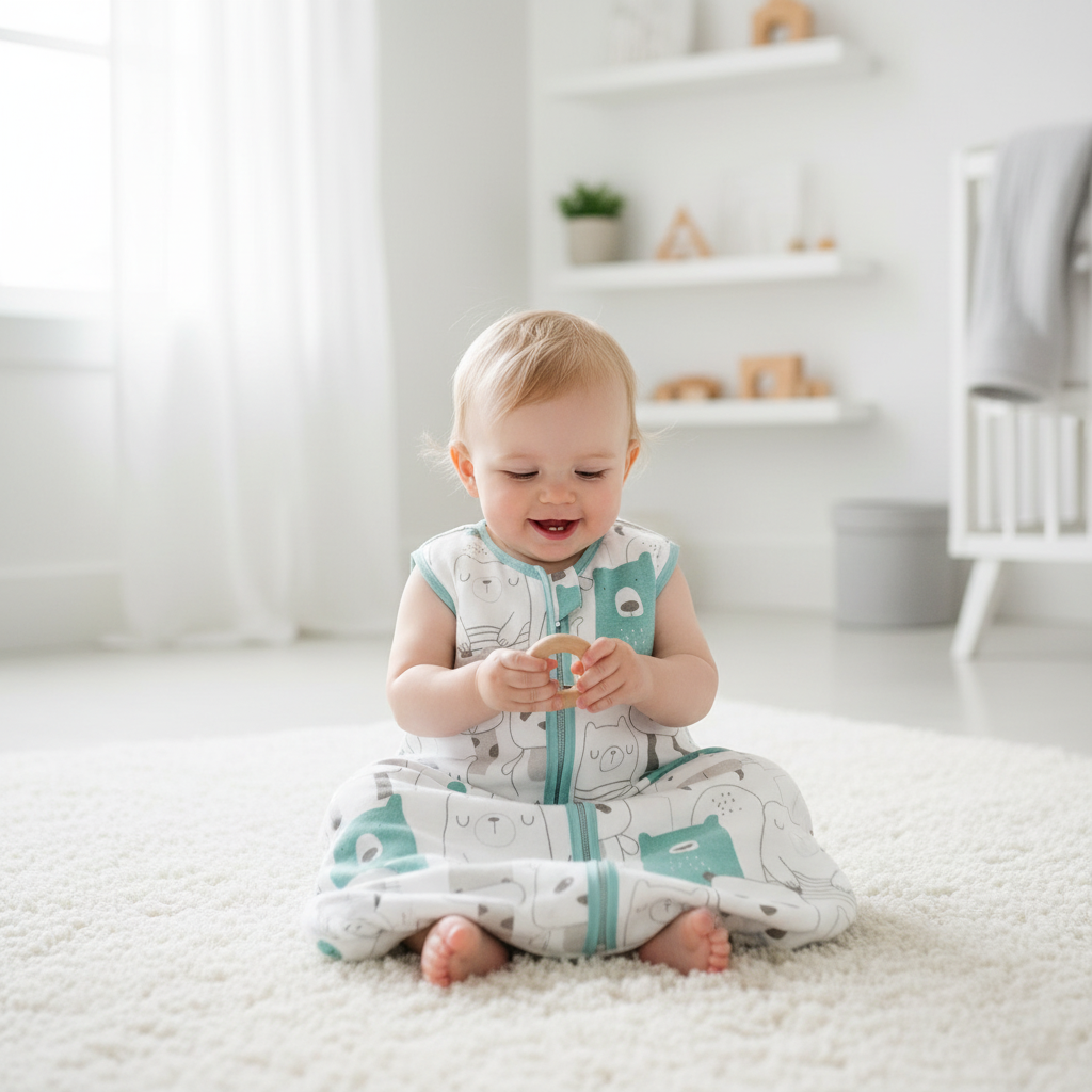 Gigoteuse bébé avec motif d'animaux portée par un bébé assis sur un tapis blanc.