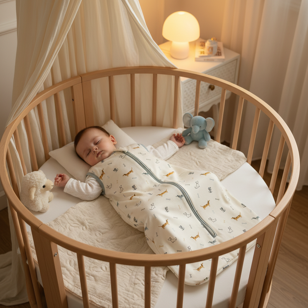 Gigoteuse bébé avec motif chiens portée par un enfant endormi dans un berceau.