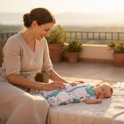 Gigoteuse bébé avec motif d'animaux portée par un bébé allongé sur une table à langer en extérieur, avec sa mère à ses côtés.