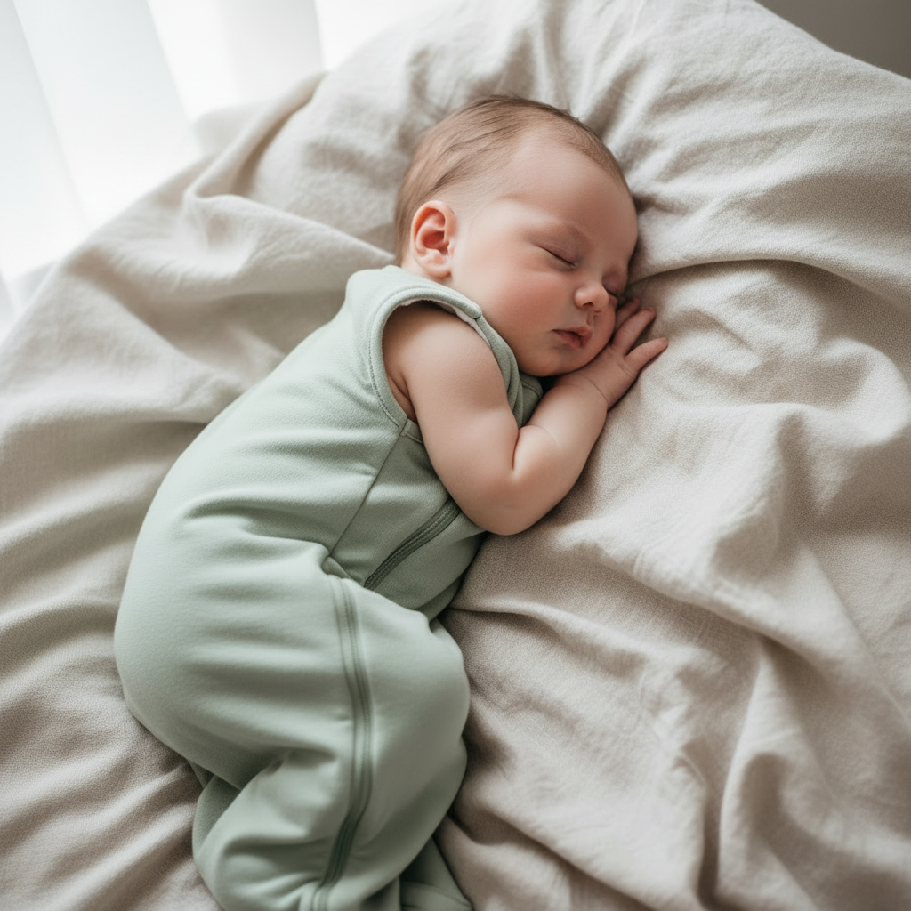 Gigoteuse bébé en coton doux vert sauge, un bébé dort paisiblement sur le côté dans un lit douillet.