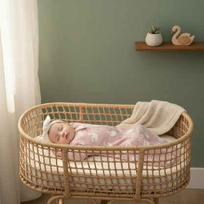 Gigoteuse bébé installée dans un couffin en osier pour une sieste paisible.