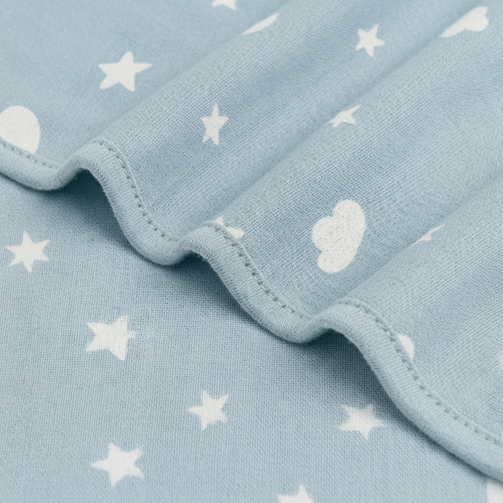 Gigoteuse bébé, gros plan sur la couture et le curseur sur le tissu bleu.