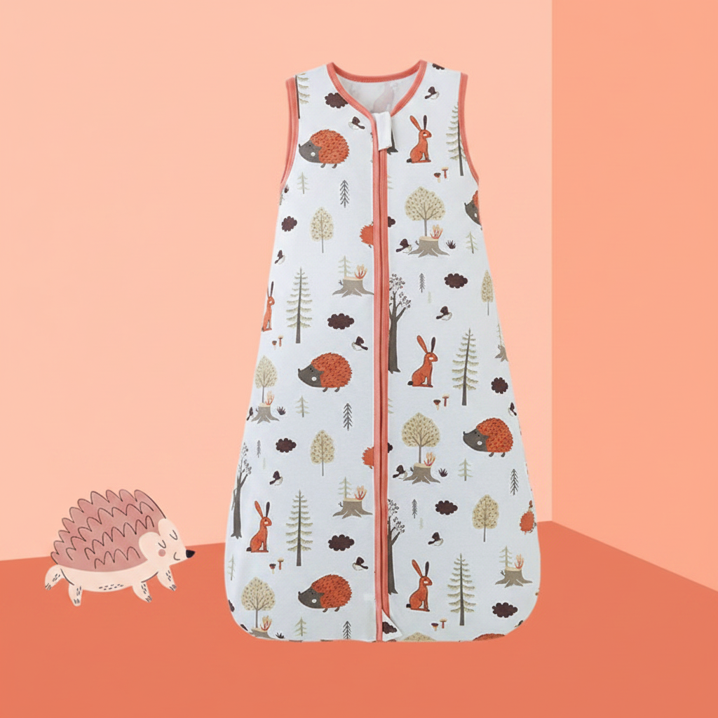 Gigoteuse bébé sans manches, design nordique avec animaux des bois sur fond blanc.
