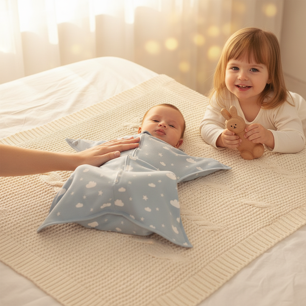 Gigoteuse bébé d'emmaillotage bleue sur un bébé allongé à côté d'un autre bébé plus grand, tous deux sur un tapis texturé beige.