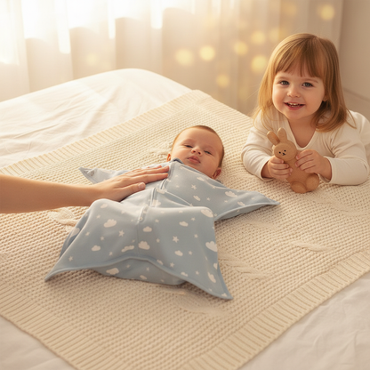 Gigoteuse bébé d'emmaillotage bleue sur un bébé allongé à côté d'un autre bébé plus grand, tous deux sur un tapis texturé beige.