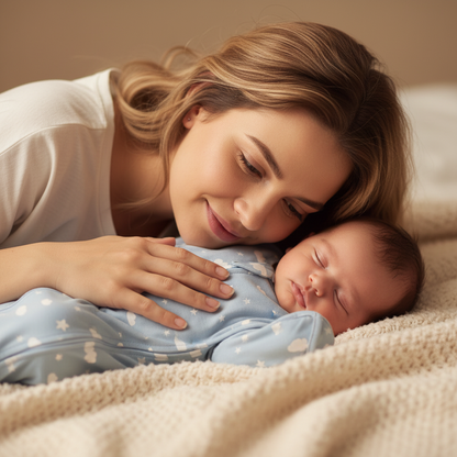 Gigoteuse bébé d'emmaillotage bleue sur un nouveau-né endormi, tenu contre sa maman allongée sur un lit.
