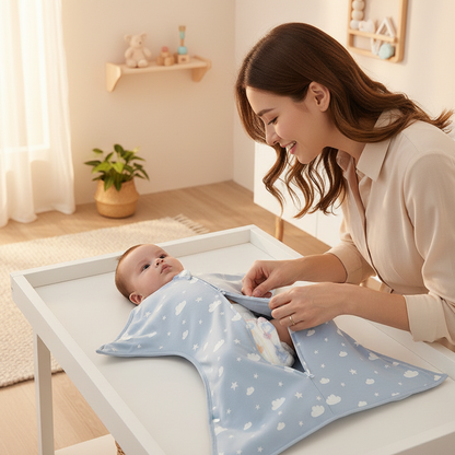 Gigoteuse bébé d'emmaillotage bleue en cours d'utilisation par une maman souriante qui habille son bébé sur une table à langer.