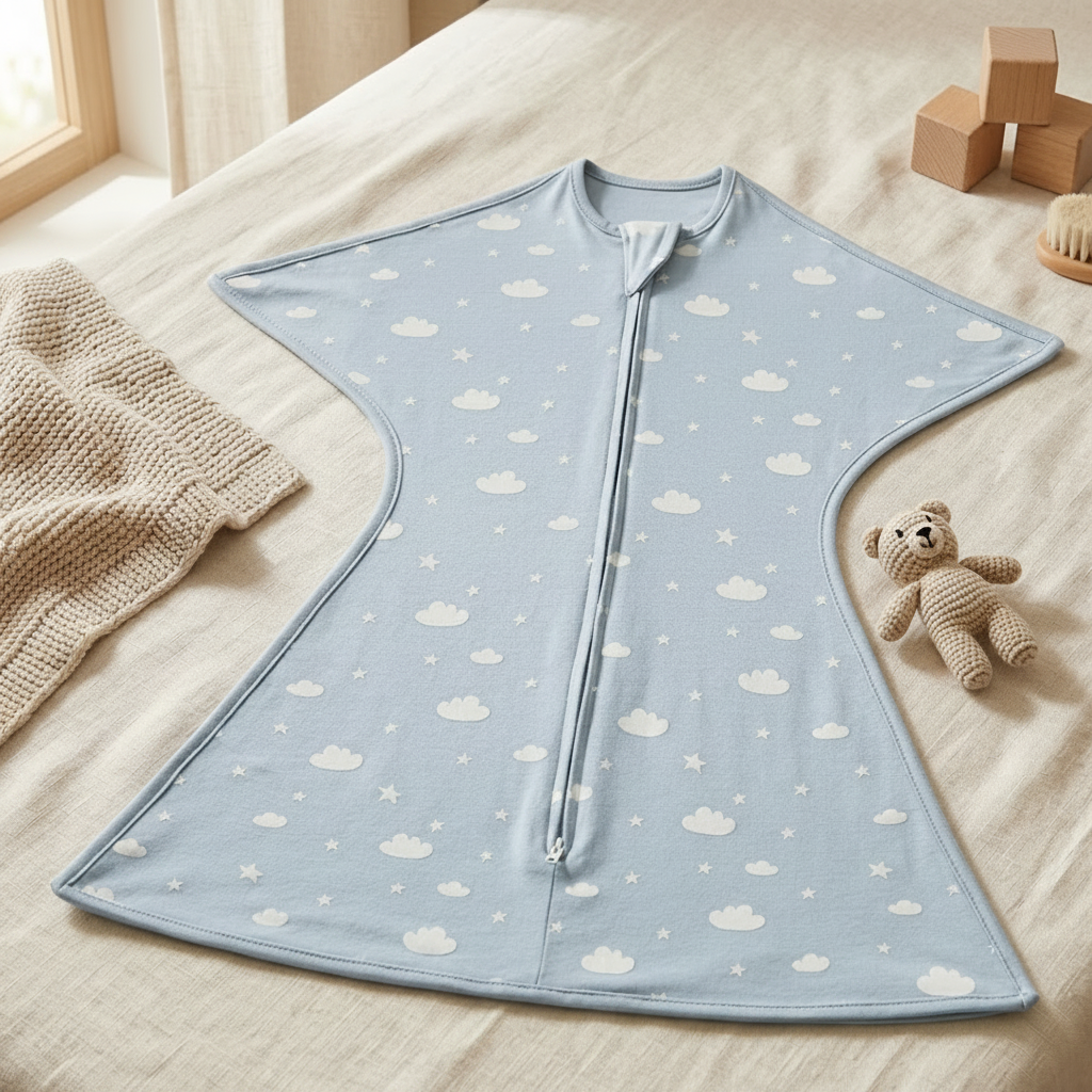 Gigoteuse bébé d'emmaillotage en jersey bleu avec motif nuages et étoiles, posée à plat sur un lit avec un doudou ours et des cubes en bois.