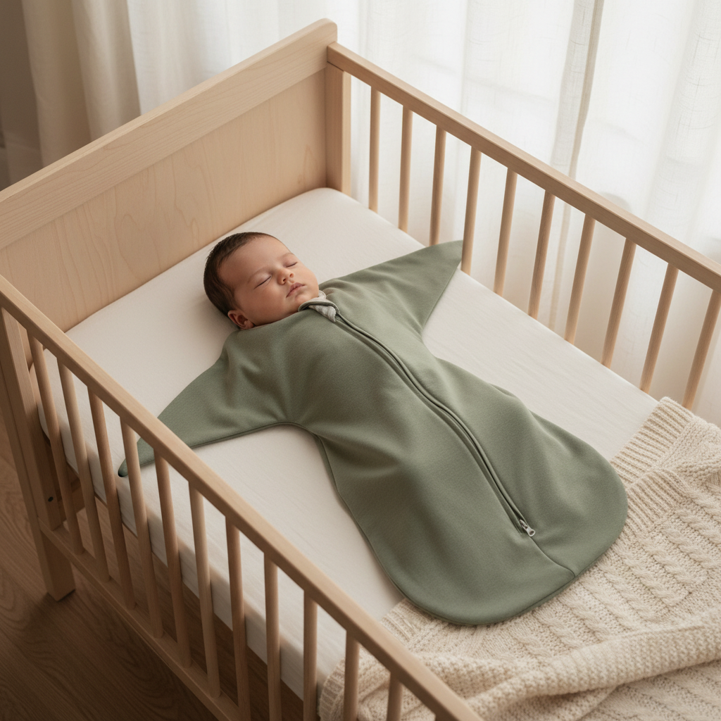 Gigoteuse Bébé vert sauge - Bébé endormi dans un berceau en bois, vêtu de sa gigoteuse.