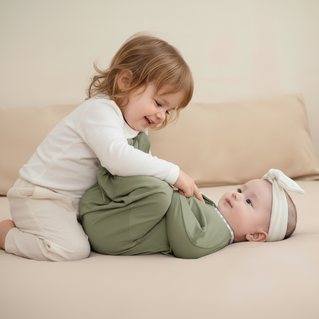 Gigoteuse Bébé vert sauge - Enfant jouant avec un bébé allongé en gigoteuse sur le lit.