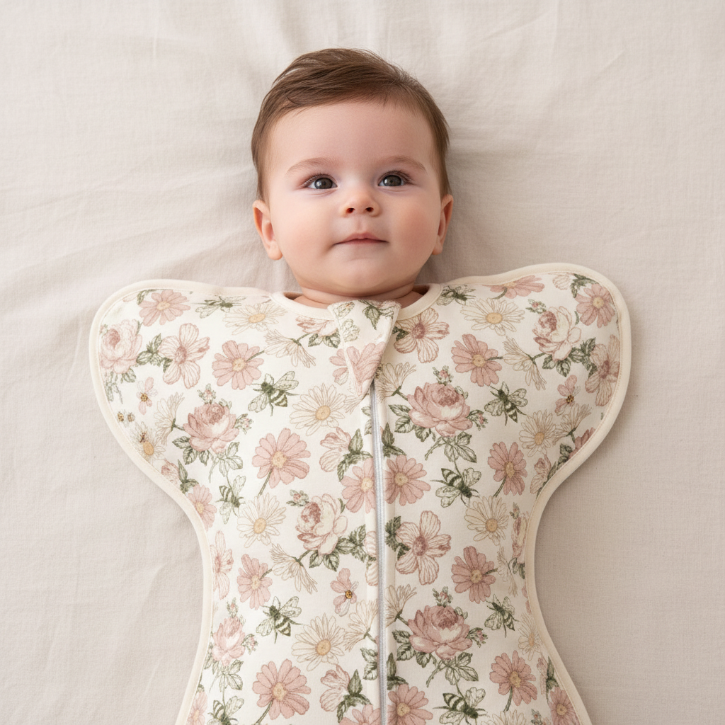 Gigoteuse bébé à motifs floraux vue de face sur un bébé