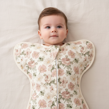 Gigoteuse bébé à motifs floraux vue de face sur un bébé