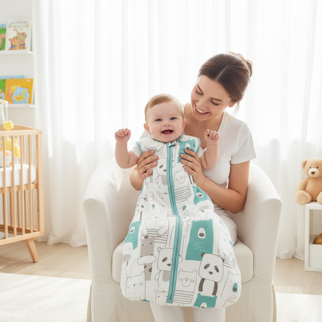 Gigoteuse bébé avec motif d'animaux portée par un bébé assis sur un fauteuil, tenu par sa mère.