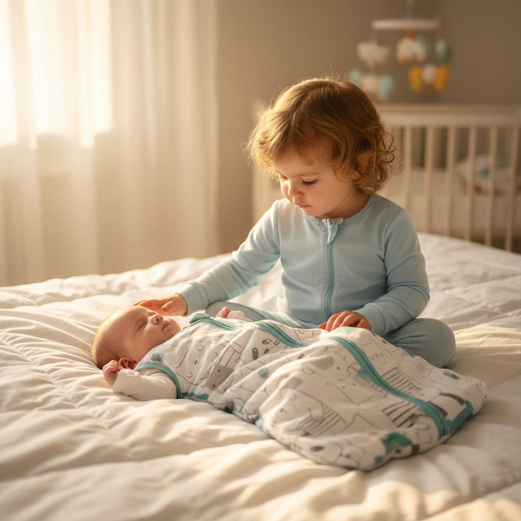 Gigoteuse bébé avec motif d'animaux portée par un bébé allongé sur un lit, pendant qu'un jeune enfant le caresse.