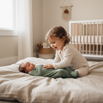Gigoteuse Bébé vert sauge - Enfant jouant doucement avec un bébé allongé en gigoteuse sur un lit.
