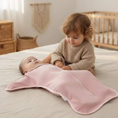 Gigoteuse bébé, frère ou sœur interagissant doucement avec le bébé.
