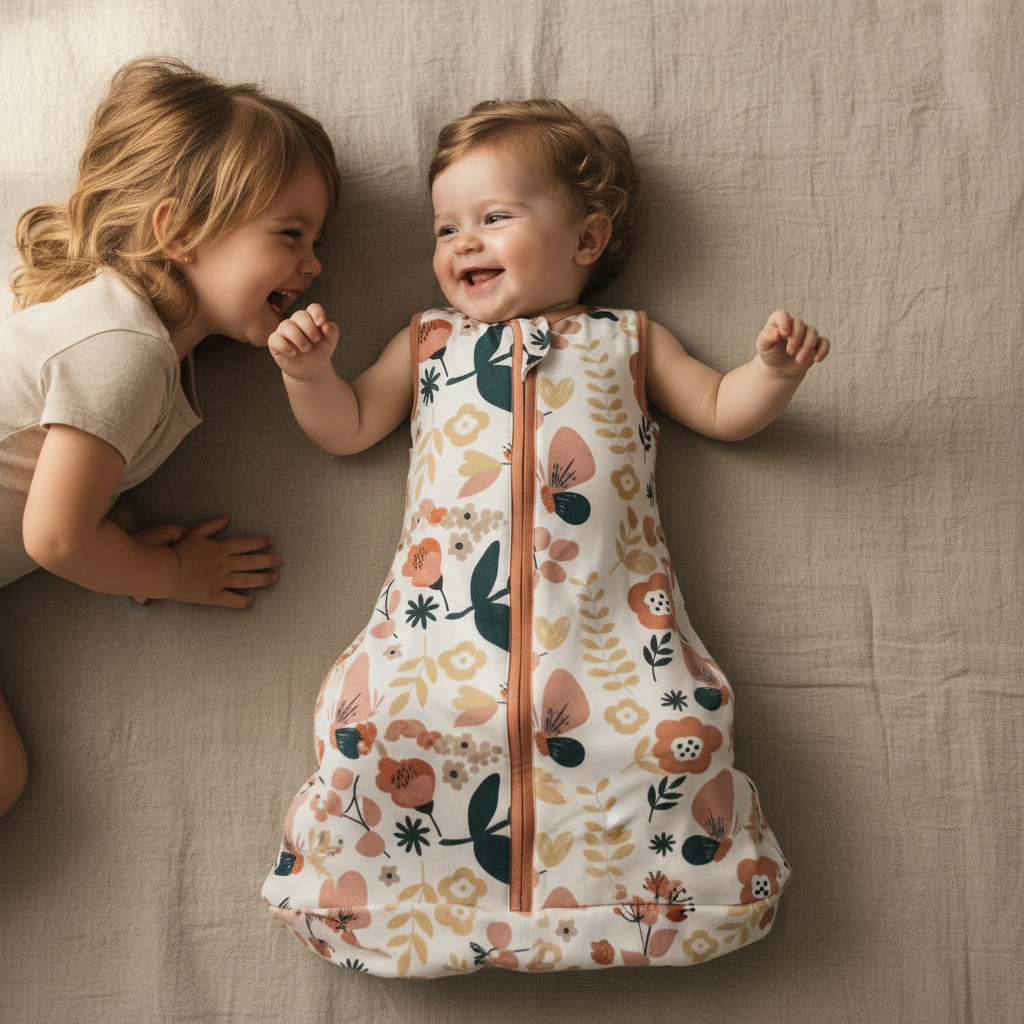 Gigoteuse bébé à motif floral portée par un bébé allongé sur un tapis, interagissant avec un enfant.