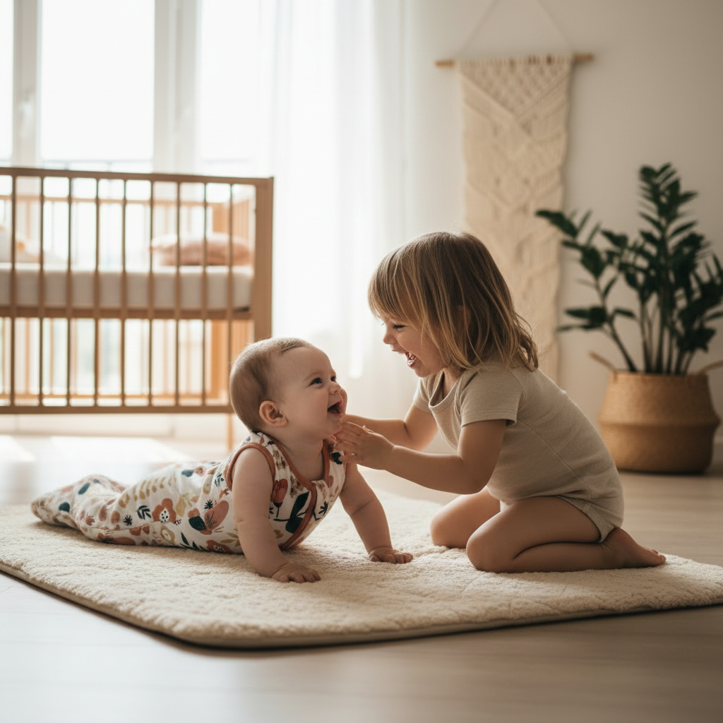 Gigoteuse bébé portée par un bébé allongé sur un tapis jouant avec une enfant.