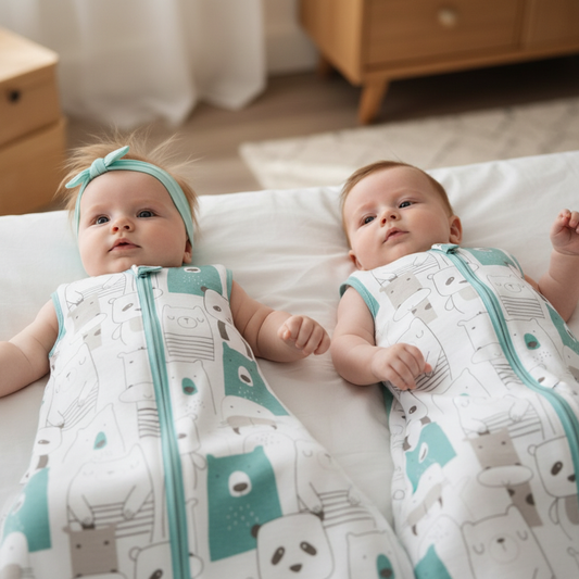 Gigoteuse bébé avec motif d'animaux portée par deux bébés allongés sur un lit.