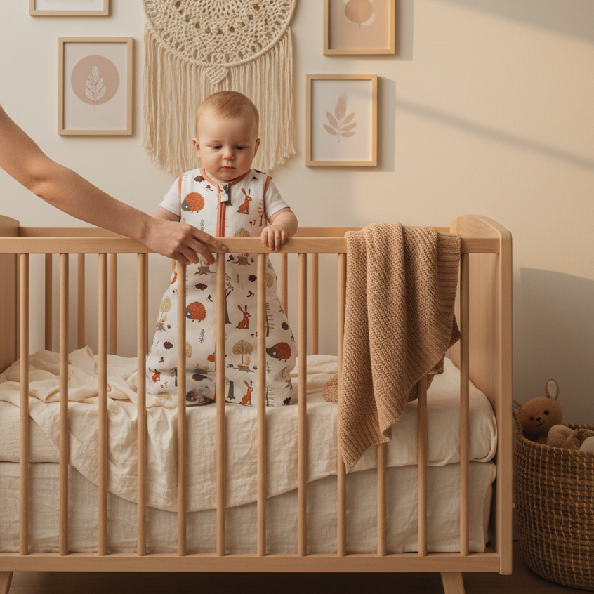 Gigoteuse bébé utilisée par un enfant debout dans son lit à barreaux.