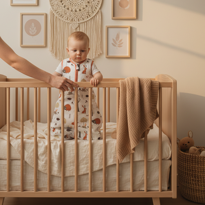 Gigoteuse bébé utilisée par un enfant debout dans son lit à barreaux.