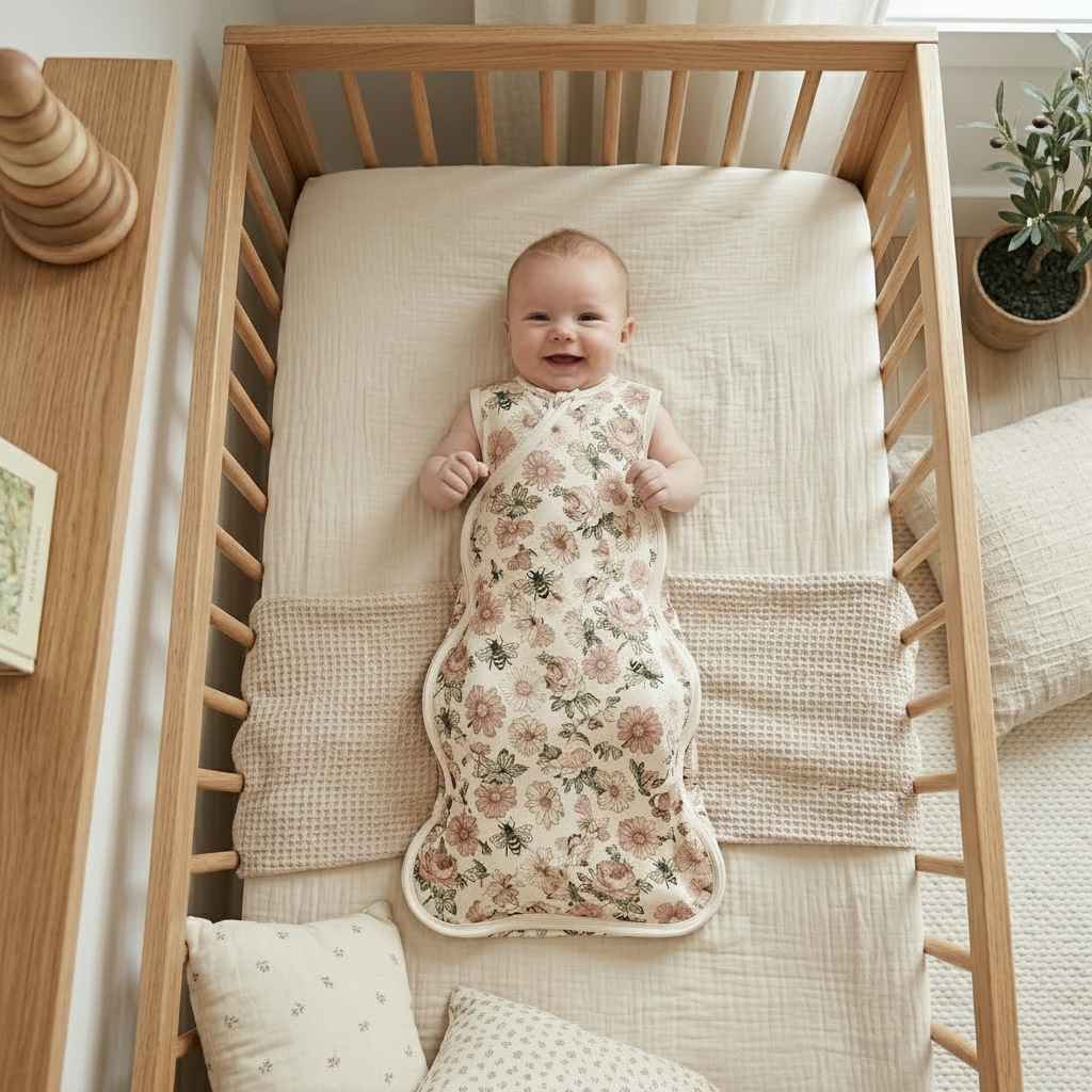 Gigoteuse bébé à motifs floraux installée dans un lit à barreaux en bois
