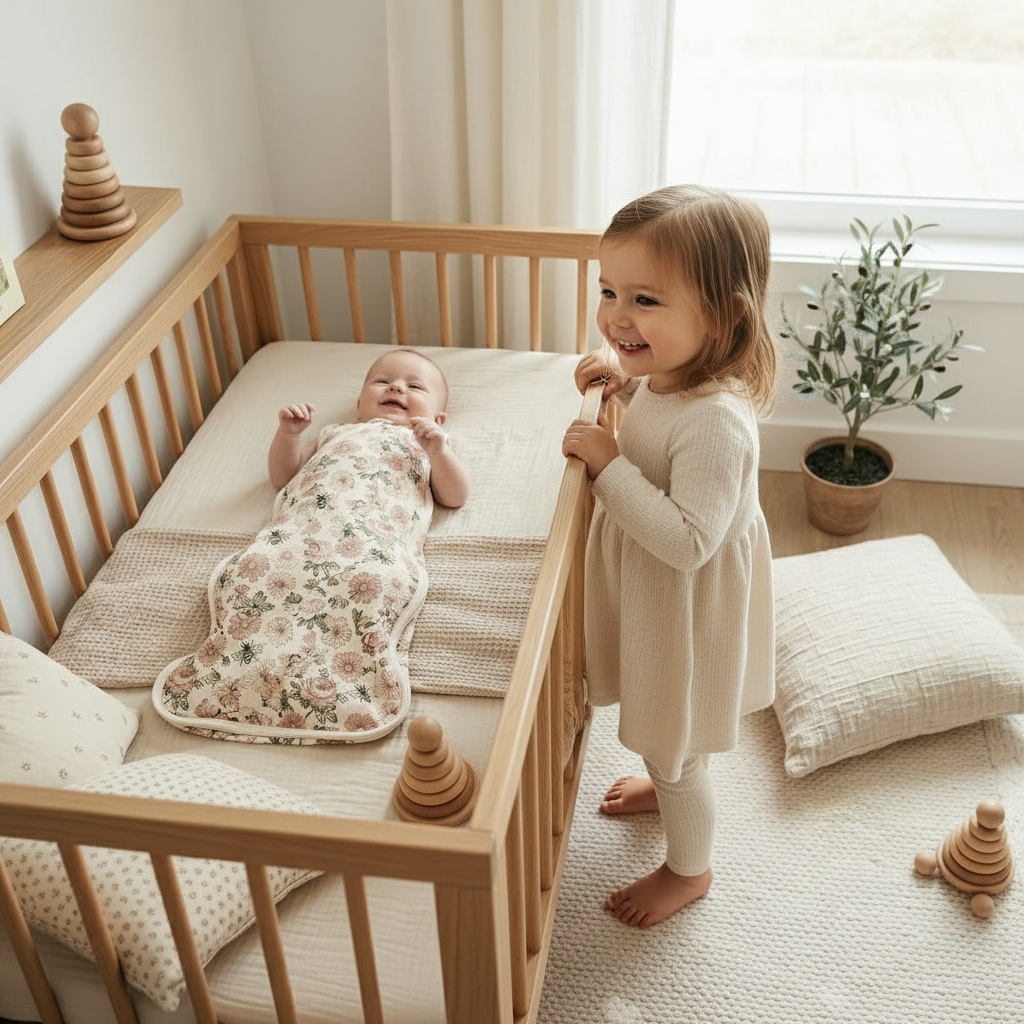 Gigoteuse bébé à motifs floraux portée par un bébé dans son lit avec une petite fille à côté
